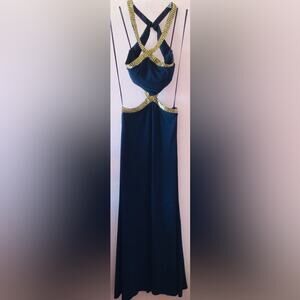 Joanna Chen navy cutout gown with gold beading size 4